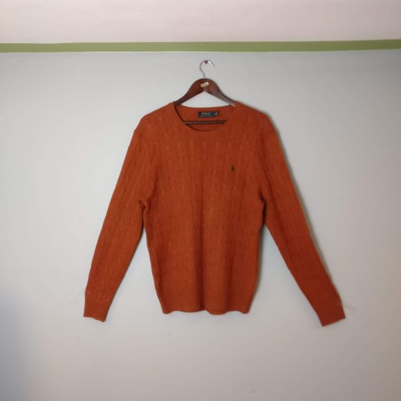 Potter Clay Brown Polo RL Pure Silk Fisherman Cable Crew Knit Logo Sweater Large - Picture 3 of 8